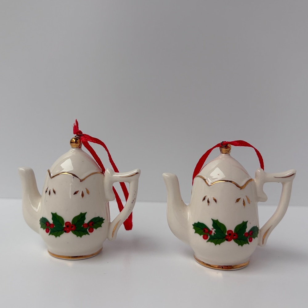 VTG Tea Pots Christmas Ornaments Holly Ivory Ceramic Porcelain Set of 2